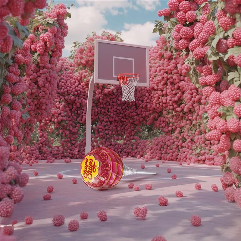 A giant raspberry Chupa Chups on a basketball court surrounded by raspberries