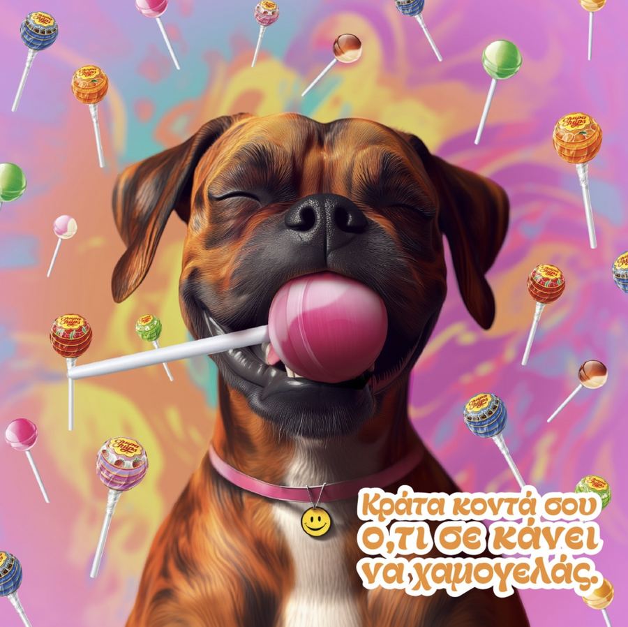 A boxer dog happily holding a Chupa Chups lollipop
