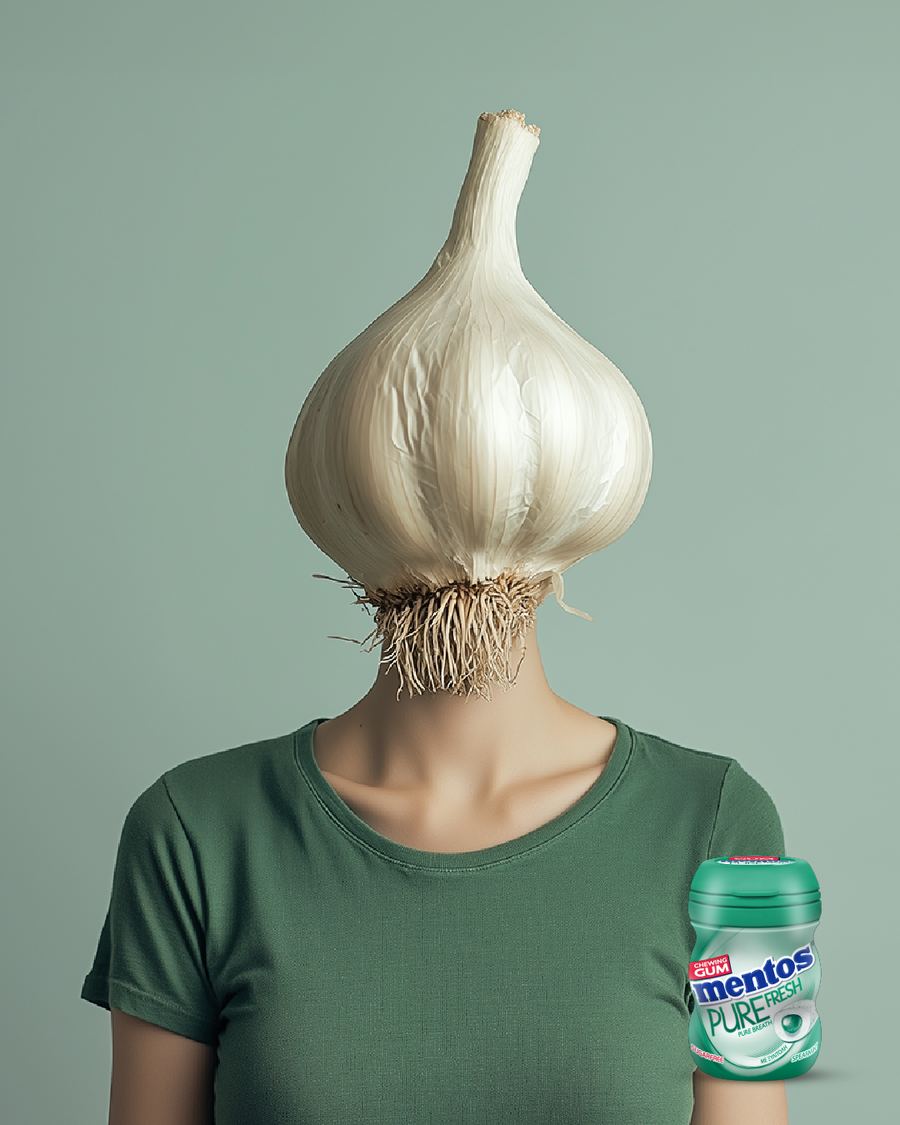 A woman with a garlic bulb for a head, next to a Mentos Pure Fresh jar