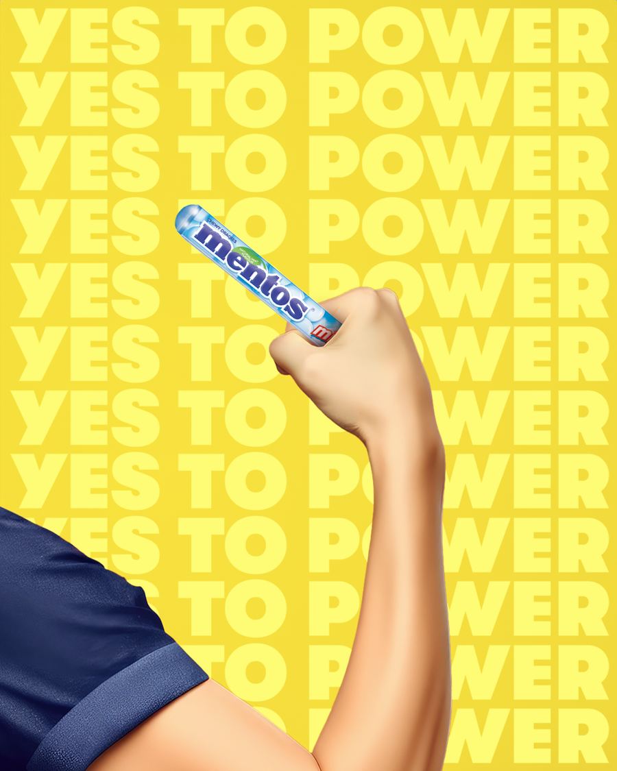 Yes to power: a raised arm holding a Mentos roll