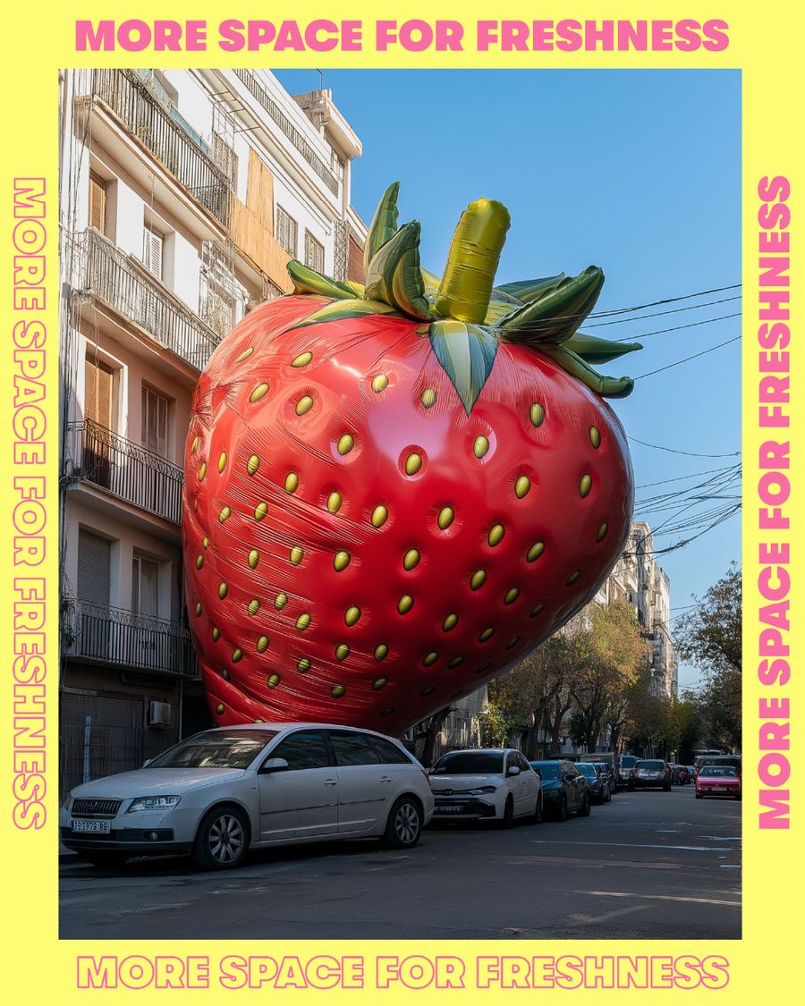 A giant inflatable strawberry squeezed into a city street