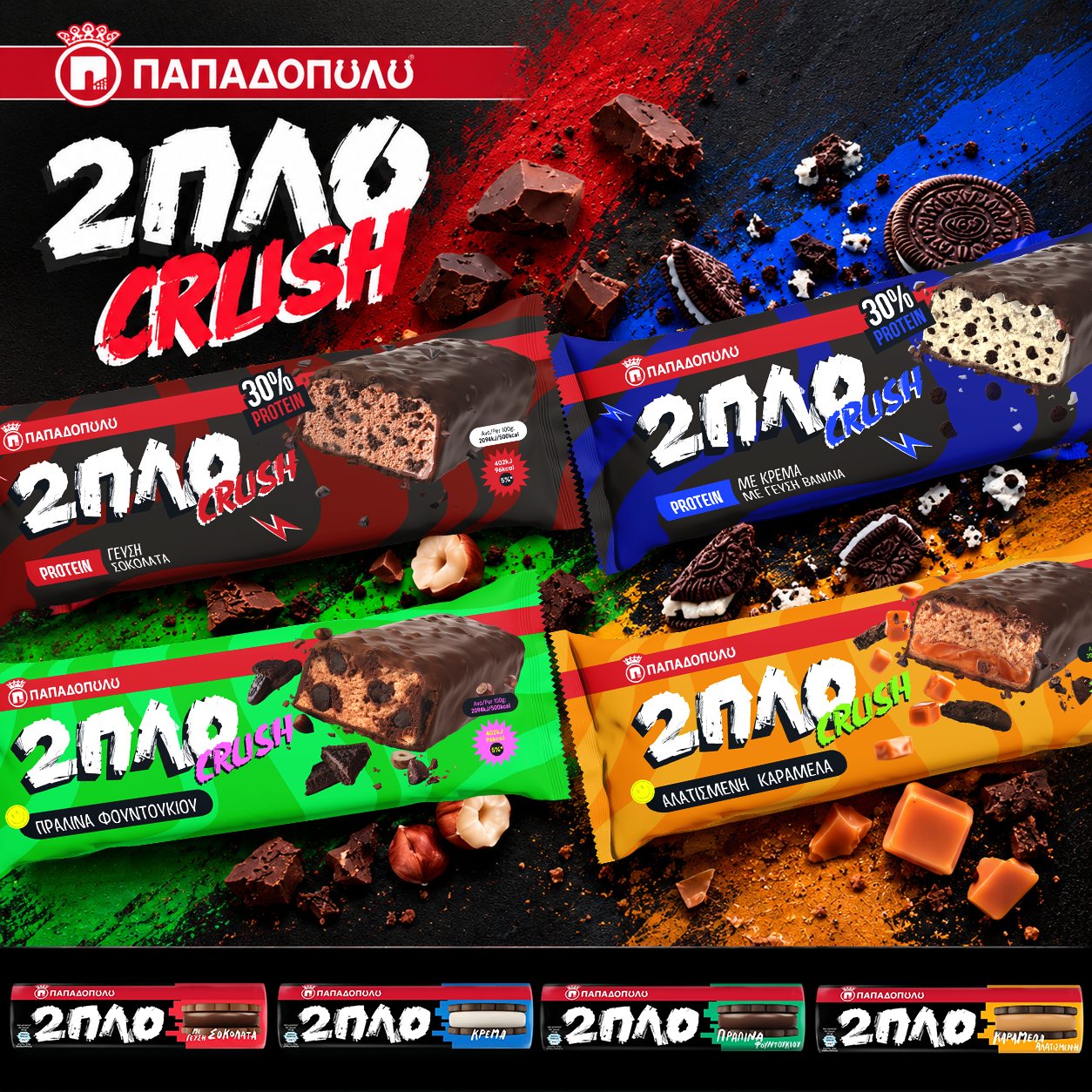 2ΠΛΟ CRUSH packaging in four flavours, with the established 2ΠΛΟ biscuit range below